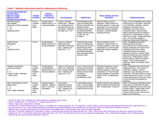 Table 1. Selected native plants ideal for wildscaping in Wyoming.
Common Name (Alternate)
Scientific Name                                             Moisture
Maximum Height                          Sunlight          Preferences                                                                             Stress, Disease, and Pest
Maximum Width                          Conditions        and Tolerances             Soil Information                 Wildlife Value                      Information                               Additional Remarks
Growth Form and Density
Skunkbush Sumac                        Full sun.      Drought tolerant.         Grows in most well-           Dense thickets provide          High fire tolerance, low fire             Hardy. Slow to moderately slow growing.
Rhus trilobata                         Tolerates      Needs at least 10” of     drained soils. Tolerates      cover and nesting sites.        resistance. Needs at least 140            Short-lived (up to 100 years). Does well
Also known as Rhus aromatica           some           annual precipitation.     dry, exposed soils and        Berries provide food and        frost-free days/year. Avoid using         up to 9,000 feet in elevation. Ideal for
3 – 10’                                shade.                                   clay soils if they are not    persist into winter.            insecticides on or near this plant.       hedgerows, the inside rows of
7 – 20’                                                                         compacted. Tolerates a        Flowers produce nectar          Mostly free of serious diseases           windbreaks, and erosion control.
Spreading, dense                                                                pH range of 6.5 – 8.0.        that attracts butterflies.      and pests. Possible diseases:             Transplants easily. Suckers readily.
                                                                                                              Foliage provides browse         damping-off fungus.                       Male and female shrubs are needed to
                                                                                                              for deer, elk, and                                                        produce fruit. Yellow flowers in spring.
                                                                                                              pronghorn.                                                                Red fruit in summer. Orange-red autumn
                                                                                                                                                                                        color. One of 2 Rhus species in
                                                                                                                                                                                        Wyoming. Native to all of Wyoming.
Smooth Sumac                           Full sun.      Drought tolerant.         Grows in a variety of         Dense thickets provide          High fire tolerance, low fire             Hardy. Moderately fast growing.
Rhus glabra                                           Needs at least 30” of     well-drained soils.           cover and nesting sites.        resistance. Needs at least 135            Short-lived (about 30 years).
4 – 7’                                                annual precipitation.     Intolerant of compacted       Berries provide food and        frost-free days/year. Avoid using         Does well from mid to high elevations.
15’                                                                             soils. Tolerates a pH         persist through winter.         insecticides on or near this plant.       Ideal for hedgerows, the inside rows of
Spreading, dense                                                                range of 6.0 – 7.5.           Flowers produce nectar          Mostly free of serious diseases           windbreaks, and erosion control.
                                                                                                              that attracts butterflies.      and pests.                                Transplants easily in any season.
                                                                                                              Bark and foliage provide                                                  Spreads by rhizomes. Suckers readily.
                                                                                                              browse for deer.                                                          Male and female shrubs are needed to
                                                                                                                                                                                        produce fruit. White flowers in spring.
                                                                                                                                                                                        Dark red berries. Brilliant red autumn
                                                                                                                                                                                        foliage. One of 2 Rhus species in
                                                                                                                                                                                        Wyoming. Native to the eastern half of
                                                                                                                                                                                        Wyoming.
Twinberry Honeysuckle                  Full sun       Drought tolerant          Grows in most soils, but      Cover. Flowers and fruit        Moderate fire tolerance, low fire         Hardy. Moderately fast to fast growing.
Lonicera involucrata                   to partial     once established.         prefers rich, moderately      provide food and attract        resistance. Needs at least 90             Moderate life span. Does well up to
6’                                     shade.         Needs at least 14” of     fine to medium textured       insects favored by birds.       frost-free days/year. Avoid using         8,000 feet in elevation. Ideal for
4 – 6’                                 Intolerant     annual precipitation.     soils. Tolerates a pH         Flowers produce nectar          insecticides on or near this plant.       hedgerows, group plantings, and near
Irregular, upright, moderately         of full                                  range of 5.5 – 8.0.           that attracts                   Possible diseases: honeysuckle            brush piles. Pale yellow flowers in spring.
   dense crown                         shade.                                                                 hummingbirds.                   witches’ broom. Possible pests:           Purplish-black fruit in summer. One of 6
                                                                                                              Not attractive to deer.         aphids.                                   honeysuckle species in Wyoming. Native
                                                                                                                                                                                        to all but the Big Horn Mountains of
                                                                                                                                                                                        Wyoming.
Wax Currant (Squaw Currant)            Full sun       Excellent drought         Grows best in                 Loose thickets provide          High fire tolerance and resistance.       Hardy. Fast growing. Moderate life span.
Ribes cereum                           to partial     tolerance. Needs at       moderately coarse to          cover. Fruit and foliage        Needs at least 300 frost-free days/       Does well up to 8,000 feet in elevation.
4 – 5’                                 shade.         least 13” of annual       coarse, well-drained          provide food and attract        year. Possible pests: fruitworms.         Ideal for hedgerows and near brush piles.
4 – 5’                                 Intolerant     precipitation.            soils. Tolerates a pH         insects favored by birds.                                                 Suckers readily. Fragrant white or pink
Open, upright, spreading               of full                                  range of 6.5 – 7.5.                                                                                     flowers in spring. Edible red fruit in
                                       shade.                                                                                                                                           summer for jam and pie. Autumn color.
                                                                                                                                                                                        Native to all of Wyoming.


~ Soil texture range: fine, moderately fine, medium textured, moderately coarse, coarse.                          37
~ Soil pH: neutral soil pH = 7, acidic soil pH < 7, alkaline (saline) soil pH > 7.
~ Foliage = twigs, buds, and/or leaves or needles.
~ Fire tolerance = a plant’s ability to re-sprout, re-grow, or re-establish from residual seed after a fire. Fire resistance = a plant’s ability to resist burning through adaptations like thick bark, a high leaf crown, or
  high water content. (From: USDA Natural Resources Conservation Service Plants Database, see the “References and Resource Guides” and “Need More Information?” sections.)
~ Riparian areas = the plant zones adjacent to and influenced by the available water in rivers, streams, lakes, ponds, and other waterways.
~ Rhizomes = horizontal, underground, root-like stems. Stolons = stems that grow along the soil surface and then root. Tillers = above-ground stems that branch from stems at or below the soil surface.
~ Seeding rate: PLS = pure live seed (seed purity x germination rate / 100 = PLS % for each seed lot), and is a way to standardize seed quality. (From: Granite Seed Company, see the “References and
  Resource Guides” and “Need More Information?” sections.)
 