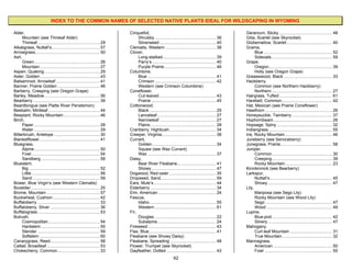 INDEX TO THE COMMON NAMES OF SELECTED NATIVE PLANTS IDEAL FOR WILDSCAPING IN WYOMING

Alder,                                                                      Cinquefoil,                                                               Geranium, Sticky ............................................. 48
     Mountain (see Thinleaf Alder)                                               Shrubby .................................................... 36      Gilia, Scarlet (see Skyrocket)
     Thinleaf ..................................................... 29           Silverweed ................................................ 40       Globemallow, Scarlet....................................... 40
Alkaligrass, Nuttall’s......................................... 57          Clematis, Western ........................................... 38          Grama,
Arrowgrass....................................................... 50        Clover,                                                                         Blue .......................................................... 52
Ash,                                                                             Long-stalked ............................................. 39              Sideoats.................................................... 59
     Green........................................................ 26            Parry’s ...................................................... 40    Grape,
     Mountain ................................................... 27             Purple Prairie............................................ 46              Oregon...................................................... 39
Aspen, Quaking ............................................... 29           Columbine,                                                                      Holly (see Oregon Grape)
Aster, Golden................................................... 43              Blue .......................................................... 41   Greasewood, Black ......................................... 33
Balsamroot, Arrowleaf ..................................... 41                   Crimson .................................................... 42      Hackberry,
Banner, Prairie Golden .................................... 46                   Western (see Crimson Columbine)                                            Common (see Northern Hackberry)
Barberry, Creeping (see Oregon Grape)                                       Coneflower,                                                                     Northern.................................................... 27
Barley, Meadow ............................................... 56                Cut-leaved ................................................ 43       Hairgrass, Tufted ............................................. 61
Bearberry ......................................................... 39           Prairie ....................................................... 45   Harebell, Common........................................... 42
Beardtongue (see Platte River Penstemon)                                    Cottonwood,                                                               Hat, Mexican (see Prairie Coneflower)
Beebalm, Mintleaf ............................................ 44                Black......................................................... 25    Hawthorn ......................................................... 26
Beeplant, Rocky Mountain............................... 46                       Lanceleaf .................................................. 27      Honeysuckle, Twinberry .................................. 37
Birch,                                                                           Narrowleaf ................................................ 27       Hophornbeam.................................................. 26
     Paper ........................................................ 28           Plains........................................................ 28    Hopsage, Spiny ............................................... 32
     Water ........................................................ 29      Cranberry, Highbush........................................ 34            Indiangrass ...................................................... 55
Bitterbrush, Antelope ....................................... 30            Creeper, Virginia.............................................. 38        Iris, Rocky Mountain ........................................ 46
Blanketflower ................................................... 41        Currant,                                                                  Juneberry (see Serviceberry)
Bluegrass,                                                                       Golden ...................................................... 34     Junegrass, Prairie............................................ 58
     Alpine........................................................ 50           Squaw (see Wax Currant)                                              Juniper,
     Fowl .......................................................... 54          Wax .......................................................... 37          Common ................................................... 30
     Sandberg .................................................. 58         Daisy,                                                                          Creeping ................................................... 39
Bluestem,                                                                        Bear River Fleabane................................. 41                    Rocky Mountain........................................ 23
     Big ............................................................ 52         Showy....................................................... 47      Kinnikinnick (see Bearberry)
     Little .......................................................... 56   Dogwood, Red-osier ........................................ 35            Larkspur,
     Sand ......................................................... 59      Dropseed, Sand............................................... 59                Nuttall’s..................................................... 45
Bower, Blue Virgin’s (see Western Clematis)                                 Ears, Mule’s ..................................................... 44           Showy....................................................... 47
Boxelder........................................................... 25      Elderberry ........................................................ 34    Lily,
Brome, Mountain ............................................. 57            Elm, American ................................................. 24              Mariposa (see Sego Lily)
Buckwheat, Cushion ........................................ 42              Fescue,                                                                         Rocky Mountain (see Wood Lily)
Buffaloberry ..................................................... 33            Idaho......................................................... 55          Sego ......................................................... 47
Buffaloberry, Silver .......................................... 36               Western .................................................... 61            Wood ........................................................ 49
Buffalograss..................................................... 53        Fir,                                                                      Lupine,
Bulrush,                                                                         Douglas .................................................... 22            Blue-pod ................................................... 42
     Cosmopolitan............................................ 54                 Subalpine.................................................. 24             Silvery....................................................... 47
     Hardstem .................................................. 55         Fireweed .......................................................... 43    Mahogany,
     Slender ..................................................... 59       Flax, Blue......................................................... 41          Curl-leaf Mountain .................................... 31
     Softstem ................................................... 60        Fleabane (see Showy Daisy)                                                      True Mountain .......................................... 32
Canarygrass, Reed.......................................... 58              Fleabane, Spreading ....................................... 48            Mannagrass,
Cattail, Broadleaf ............................................. 53         Flower, Trumpet (see Skyrocket)                                                 American .................................................. 50
Chokecherry, Common.................................... 33                  Gayfeather, Dotted .......................................... 43                Fowl ......................................................... 55
                                                                                                             62
 