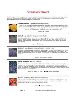 Perennial Flowers

The following perennials were picked for their true durability. These are the ones you want for those really tough locations
where you want a bit of color whether it be poor soil, high wind or that sunny dry spot. These will survive without
additional water but with occasional deep watering they will thrive.



                      Coronation Gold Yarrow (Achillea ageratifolia)
                          At 36-42” tall with 3-4’ wide golden-yellow flower heads from later June through autumn above
                       silvered green fern-like foliage, this reliable old standard fills a great place at the back of the border
                        or as an accent near caryopteris or Russian Sage. This one does not run about through the flower
                                      bed and will stay around for years. Enjoy it as a cut or dried flower, too!

                                                                  Zone 3        Full sun



                      Little Trudy Catmint (Nepeta x Little Trudy)
                      Plant Select® 2008 This catmint has a low spreading and long blooming habit. Well branched
                      stems of rippled, soft gray foliage hug the ground for an 18” to 24” wide mound when this plant
                      matures. Profuse lavender flower stalks 8” to 12” tall cover the plant from early to late summer.
                      Deer resistant.

                                                     Zone 4         Full sun



                      Walker’s Low Catmint (Nepeta faassinii x ‘Walker’s Low’)
                      Perennial Plant Association Plant of the Year for 2007 Compact mounding gray green leaves
                      topped by lavender blue flowers recurring from late spring through autumn. This 10-14 inch tall
                      sterile hybrid won’t reseed around the garden. Full sun to part sun and like it’s bigger brother, deer
                      resistant!


                                                          Zone 3           Full sun to part sun



                      Dwarf Blue Flag Iris (Iris cristata)

                      We have enjoyed early summer patches of diminutive, blue blooms of this native iris along the
                      roadside while driving through high desert, windblown areas. Individual plants will mature into
                      clusters of strap-like foliage and blooms. Grow in sun to partial shade in soil with moisture in the
                      spring, but like most iris they tolerate drier conditions the rest of the year. Consider these for border
                      front, rockery or for a “rain garden.”

                                           Height: 6" Width: 8" Zone 3          to         Sun to partial shade




                      Paprika Yarrow (Achillea millefolium 'Paprika')
                      Fully color saturated brick red flowers with golden centers in flat clusters top 24” tall stems. Very
                      feathery foliage in medium green forms basal clumps 18” to 24” wide. This millefolium is a well-
                      behaved clump former and does not run across the garden.


                                                         Zone 3         Full sun to partial sun



                          Page 11                          http://www.WyomingPlantCompany.com
 