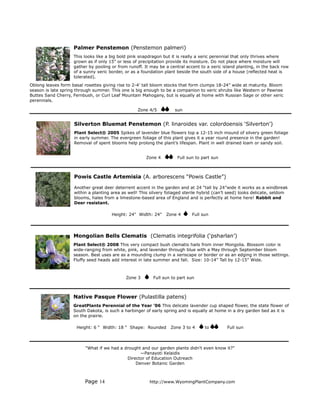 Palmer Penstemon (Penstemon palmeri)
                    This looks like a big bold pink snapdragon but it is really a xeric perennial that only thrives where
                    grown as if only 15” or less of precipitation provide its moisture. Do not place where moisture will
                    gather by pooling or from runoff. It may be a central accent to a xeric island planting, in the back row
                    of a sunny xeric border, or as a foundation plant beside the south side of a house (reflected heat is
                    tolerated).
Oblong leaves form basal rosettes giving rise to 2-4’ tall bloom stocks that form clumps 18-24” wide at maturity. Bloom
season is late spring through summer. This one is big enough to be a companion to xeric shrubs like Western or Pawnee
Buttes Sand Cherry, Fernbush, or Curl Leaf Mountain Mahogany, but is equally at home with Russian Sage or other xeric
perennials.

                                                  Zone 4/5           sun


                    Silverton Bluemat Penstemon (P. linaroides var. colordoensis ‘Silverton’)
                    Plant Select® 2005 Spikes of lavender blue flowers top a 12-15 inch mound of silvery green foliage
                    in early summer. The evergreen foliage of this plant gives it a year round presence in the garden!
                    Removal of spent blooms help prolong the plant’s lifespan. Plant in well drained loam or sandy soil.


                                                       Zone 4         Full sun to part sun



                    Powis Castle Artemisia (A. arborescens “Powis Castle”)

                    Another great deer deterrent accent in the garden and at 24 “tall by 24”wide it works as a windbreak
                    within a planting area as well! This silvery foliaged sterile hybrid (can’t seed) looks delicate, seldom
                    blooms, hales from a limestone-based area of England and is perfectly at home here! Rabbit and
                    Deer resistant.

                                      Height: 24" Width: 24"    Zone 4       Full sun




                    Mongolian Bells Clematis (Clematis integrifolia (‘psharlan’)
                    Plant Select® 2008 This very compact bush clematis hails from inner Mongolia. Blossom color is
                    wide-ranging from white, pink, and lavender through blue with a May through September bloom
                    season. Best uses are as a mounding clump in a xeriscape or border or as an edging in those settings.
                    Fluffy seed heads add interest in late summer and fall. Size: 10-14” Tall by 12-15” Wide.



                                             Zone 3       Full sun to part sun



                    Native Pasque Flower (Pulastilla patens)
                    GreatPlants Perennial of the Year ’06 This delicate lavender cup shaped flower, the state flower of
                    South Dakota, is such a harbinger of early spring and is equally at home in a dry garden bed as it is
                    on the prairie.

                      Height: 6 “ Width: 18 “ Shape: Rounded      Zone 3 to 4      to         Full sun



                          "What if we had a drought and our garden plants didn't even know it?"
                                                   —Panayoti Kelaidis
                                             Director of Education Outreach
                                                 Denver Botanic Garden



                         Page 14                        http://www.WyomingPlantCompany.com
 