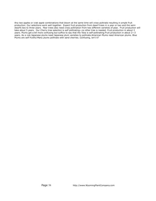 Any two apples or crab apple combinations that bloom at the same time will cross pollinate resulting in ample fruit
production. Our selections work well together. Expect fruit production from dwarf trees in a year or two and the semi
dwarfs two to three years. Pear trees also need cross pollination from two different varieties of pear. Fruit production will
take about 5 years. Our Cherry tree selection is self pollinating—no other tree is needed. Fruit production in about 3
years. Plums get a bit more confusing but suffice to say that the Toka is self-pollinating.Fruit production in about 2—3
years. As a rule Japanese plums need Japanese plum varieties to pollinate.American Plums need American plums. Blue
Plums are self fruitful.Many plums pollinate with sand cherries. Confusing, isn’t it?




                          Page 58                         http://www.WyomingPlantCompany.com
 