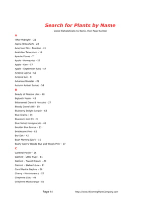 Search for Plants by Name
                                        Listed Alphabetically by Name, then Page Number

A
'After Midnight' - 22
Alpine Willowherb - 23
American Elm - Brandon - 41
Anatolian Tanacetum - 16
Apache Plume - 7
Apple - Honeycrisp - 57
Apple - Kerr - 57
Apple - September Ruby - 57
Arizona Cyprus - 62
Arizona Sun - 8
Arkansas Bluestar - 21
Autumn Amber Sumac - 54

B
Beauty of Moscow Lilac - 48
Bigtooth Maple - 43
Bittersweet Diane & Hercules - 27
Bloody Crane’s Bill - 19
Blueberry Delight Juniper - 63
Blue Grama - 35
Bluestem Joint Fir - 9
Blue Velvet Honeysuckle - 48
Boulder Blue Fescue - 33
Bristlecone Pine - 62
Bur Oak - 42
Bush Morning Glory - 15
Bushy Asters 'Woods Blue and Woods Pink' - 17

C
Cardinal Flower - 25
Catmint - Little Trudy - 11
Catmint - 'Sweet Dream' - 24
Catmint - Walker’s Low - 11
Carol Mackie Daphne - 26
Cherry - Montmorency - 57
Cheyenne Lilac - 48
Cheyenne Mockorange - 50



                              Page 64                     http://www.WyomingPlantCompany.com
 