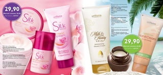 29,90
b Tender Care Coconut Protecting
Balm
Kokosowy krem uniwersalny
Tender Care
Niezawodna ochrona i ukojenie
dla suchej, spierzchniętej skóry, tym
razem w kuszącym, kokosowym
wydaniu.
15 ml
a Milk  Honey Gold Moisturising
Shower Cream
Nawilżający krem pod prysznic
Milk  Honey Gold
Zmienia kąpiel w oazę luksusu,
delikatnie oczyszcza skórę i nadaje
jej miękkość.
200 ml

c Nourishing Hand Cream for Dry
Hands
Odżywczy krem do wysuszonych
dłoni
Głęboko odżywia suchą skórę rąk.
Olejek ze słodkich migdałów wygładza
ją i zmiękcza.
100 ml
Kod zestawu: 621213
Wartość zestawu: 56,00
29,90
Kod zestawu: 621214
Wartość zestawu: 63,00
a
b
c
a
b
c
6 7
c Silk Beauty Hand Cream
Krem do rąk Silk Beauty
Krem z proteinami jedwabiu i ekstraktem
z orchidei zmiękcza i odżywia skórę, pozostawiając
ją miękką i zmysłowo pachnącą.
100 ml

a Silk Beauty Body Cream
Krem do ciała Silk Beauty
Pięknie pachnący krem do ciała zmiękcza skórę,
przywracając jej odpowiedni poziom nawilżenia
i zapewniając właściwe odżywienie.
200 ml
b Silk Beauty Anti-perspirant 24h Deodorant
Antyperspiracyjny dezodorant Silk Beauty
Całodzienna świeżość i kobiecy, kwiatowy zapach
zamknięty w kulkowym, poręcznym dezodorancie.
50 ml

 