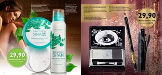 a
b Swedish Spa Cooling
Shower Mousse
Chłodząca pianka pod
prysznic Swedish Spa
Chłodząca pianka pod
prysznic zawiera olejek
z mięty pieprzowej oraz
wyciąg ze srebrnej brzozy.
150 ml

a Swedish Spa Replenishing Body Cream
Intensywnie nawilżający krem
do ciała Swedish Spa
Pielęgnacyjny krem o bogatej formule.
Zawiera perełki olejku, które uwalniają
do skóry wzmacniający i nawilżający olejek,
czyniąc ją miękką i zadbaną.
200 ml

b Sparkle in Paris Eye Pencil
Kredka do oczu Sparkle in Paris
Dodaj nocy blasku, malując oczy kredką w jednym
z 3 połyskujących, metalicznych odcieni.
1 g

a Oriflame Beauty Smoky Collection Eye Shadow Trio
Potrójne cienie do powiek Oriflame Beauty
Smoky Collection
Potrójne cienie do powiek, idealne do stworzenia
efektu przydymionego oka. W zestawie z instrukcją
i aplikatorem.
3 g

c Wonder Lash Dramatize Mascara
Tusz do rzęs Wonder Lash Dramatize
Twój ulubiony Wonderlash w wersji czarniejszej
niż zwykle. W opakowaniu z limitowanej edycji.
8 ml

BlackSparkle
IntenseBlack
Smoky Black
29,90
Kod zestawu: 621215
Wartość zestawu: 57,00
29,90
Kod zestawu: 621216
Wartość zestawu: 87,00
a
a
b
b
c
8 9
 