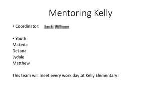 Mentoring Kelly
• Coordinator:
• Youth:
Makeda
DeLana
Lydale
Matthew
This team will meet every work day at Kelly Elementary!
 