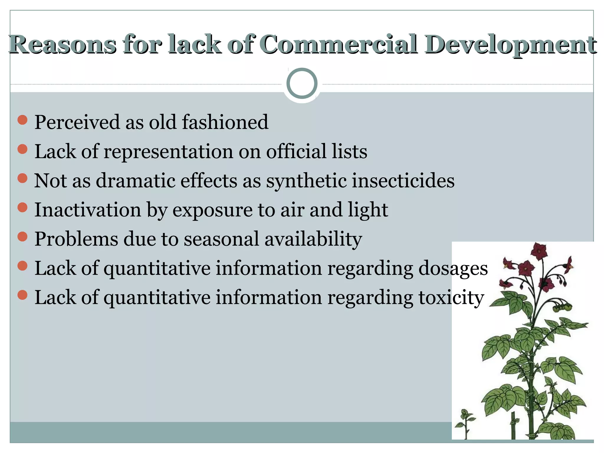 Reasons for lack of Commercial DevelopmentReasons for lack of Commercial Development
Perceived as old fashioned
Lack of representation on official lists
Not as dramatic effects as synthetic insecticides
Inactivation by exposure to air and light
Problems due to seasonal availability
Lack of quantitative information regarding dosages
Lack of quantitative information regarding toxicity
 