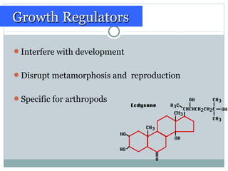 Interfere with development
Disrupt metamorphosis and reproduction
Specific for arthropods
Growth RegulatorsGrowth Regulators
 