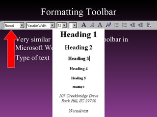 Formatting Toolbar Very similar to the formatting toolbar in Microsoft Word Type of text 