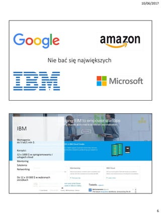 10/06/2017
6
Nie bać się największych
IBM
Wymagania:
do 5 lat/1 mln $
Korzyści:
12 x 1000 $ w oprogramowaniu i
usługach cloud
Mentoring
Szkolenia
Networking
Do 12 x 10 000 $ w wybranych
ośrodkach
 