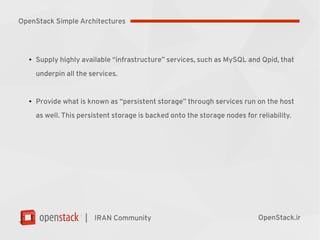 |
●
Supply highly available “infrastructure” services, such as MySQL and Qpid, that
underpin all the services.
●
Provide what is known as “persistent storage” through services run on the host
as well. This persistent storage is backed onto the storage nodes for reliability.
IRAN Community OpenStack.ir
OpenStack Simple Architectures
 