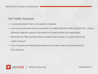 |
VM Traffic Network:
●
A closed network that is not publicly routable
●
Use as a private and internal network for traffic between VMs (Floating IPs - using a
different address space to the others to clearly define the separation)
●
Between the VMs and the network nodes that provide L3 routes out to the
public network
●
Only Compute and OpenStack Networking nodes need to beconnected to
this network.
IRAN Community OpenStack.ir
OpenStack Simple Architectures
 
