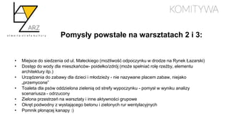 Pomysły powstałe na warsztatach 2 i 3:
• Miejsce do siedzenia od ul. Małeckiego (możliwość odpoczynku w drodze na Rynek Łazarski)
• Dostęp do wody dla mieszkańców- poidełko/zdrój (może spełniać rolę rzeźby, elementu
architektury itp.)
• Urządzenia do zabawy dla dzieci i młodzieży - nie nazywane placem zabaw, niejako
„przemycone”
• Toaleta dla psów oddzielona zielenią od strefy wypoczynku - pomysł w wyniku analizy
scenariusza - odrzucony
• Zielona przestrzeń na warsztaty i inne aktywności grupowe
• Okręt podwodny z wystającego betonu i zielonych rur wentylacyjnych
• Pomnik płonącej kanapy :)
 