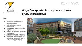 Wizja B – spontaniczna praca członka
grupy warsztatowej
Zalety
● zachowuje zieleń cenną w
centrum dzielnicy
● ogólnodostępny trawnik
“playground”
● interaktywne kule od 3-103 lat
● stojaki na rower
● miejsce do siedzenia, rozmów i
odpoczynku
● jest cień, którego tu potrzebują
● półotwarte, przygotowane na
rozwój (np. wyłączenie ulicy z
ruchu w kolejnym etapie)
 