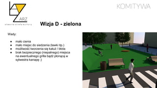 Wizja D - zielona
Wady:
● mało cienia
● mało miejsc do siedzenia (ławki itp.)
● możliwość tworzenia się kałuż / błota
● brak bezpiecznego (niepalnego) miejsca
na ewentualnego grilla bądź płonącą w
sylwestra kanapę ;)
 