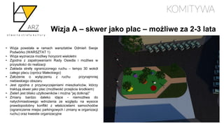Wizja A – skwer jako plac – możliwe za 2-3 lata
• Wizja powstała w ramach warsztatów Odmień Swoje
Podwórko (WARSZTAT 1)
• Wizja wyznacza możliwy horyzont wieloletni
• Zgodna z zapatrywaniami Rady Osiedla i możliwa w
przyszłości do realizacji
• Zakłada strefę ograniczonego ruchu – tempo 30 wokół
całego placu (oprócz Małeckiego)
• Założenie o wyłączeniu z ruchu przynajmniej
niebieskiego obszaru
• Jest zgodna z przyzwyczajeniami mieszkańców, którzy
traktują skwer jako plac (możliwość przejścia środkiem)
• Zieleń jest blisko użytkowników i można “jej dotknąć”
• Zmiany bardzo daleko idące - niemożliwa do
natychmiastowego wdrożenia ze względu na wysoce
prawdopodobny konflikt z właścicielami samochodów
(ograniczenie miejsc parkingowych i zmiany w organizacji
ruchu) oraz kwestie organizacyjne
 