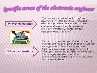 Power electronics
Telecommunications
The massive processing and transmission of
information required for planning, design and
management of broadcasting systems ,
television, telephone , computer networks ,
fiber optic networks , satellite networks and as
increasingly significant wireless
communication systems such as mobile and
personal telephony
This branch is to adapt and transform
electricity for later use in electrical and
electronic products, such as electric motors
and servo devices. Mainly resistors ,
rectifiers, inverters , chopper switch
cycloconverters and used .
 