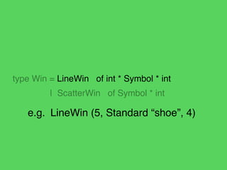type LineNum = int
type Count = int
type Win = LineWin of LineNum * Symbol * Count
| ScatterWin of Symbol * Count
 