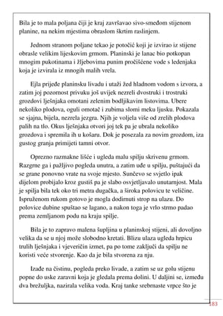 183
Bila je to mala poljana čiji je kraj završavao sivo-smeđom stijenom
planine, na nekim mjestima obraslom škrtim raslinjem.
Jednom stranom poljane tekao je potočić koji je izvirao iz stijene
obrasle velikim lijeskovim grmom. Planinski je lanac bio potkopan
mnogim pukotinama i žljebovima punim pročišćene vode s ledenjaka
koja je izvirala iz mnogih malih vrela.
Ejla prijeđe planinsku livadu i utaži žed hladnom vodom s izvora, a
zatim joj pozornost privuku još uvijek nezreli dvostruki i trostruki
grozdovi lješnjaka omotani zelenim bodljikavim listovima. Ubere
nekoliko plodova, oguli omotač i zubima slomi meku ljusku. Pokazala
se sjajna, bijela, nezrela jezgra. Njih je voljela više od zrelih plodova
palih na tlo. Okus lješnjaka otvori joj tek pa je ubrala nekoliko
grozdova i spremila ih u košaru. Dok je posezala za novim grozdom, iza
gustog granja primijeti tamni otvor.
Oprezno razmakne lišće i ugleda malu spilju skrivenu grmom.
Razgrne ga i pažljivo pogleda unutra, a zatim uđe u spilju, puštajući da
se grane ponovno vrate na svoje mjesto. Sunčevo se svjetlo ipak
dijelom probijalo kroz gustiš pa je slabo osvjetljavalo unutarnjost. Mala
je spilja bila tek oko tri metra dugačka, a široka polovicu te veličine.
Ispruženom rukom gotovo je mogla dodirnuti strop na ulazu. Do
polovice dubine spuštao se lagano, a nakon toga je vrlo strmo padao
prema zemljanom podu na kraju spilje.
Bila je to zapravo malena šupljina u planinskoj stijeni, ali dovoljno
velika da se u njoj može slobodno kretati. Blizu ulaza ugleda hrpicu
trulih lješnjaka i vjeveričin izmet, pa po tome zaključi da spilju ne
koristi veće stvorenje. Kao da je bila stvorena za nju.
Izađe na čistinu, pogleda preko livade, a zatim se uz golu stijenu
popne do uske zaravni koja je gledala prema dolini. U daljini se, između
dva brežuljka, nazirala velika voda. Kraj tanke srebrnaste vrpce što je
 