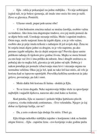 195
- Ejla - rekla je pokazujući na jednu stabljiku. - To nije uobičajeni
izgled raži, to je bolest sjemenja, ali imale smo sreću što smo je našli.
Zove se glavnica. Pomiriši.
- Užasno smrdi, poput pokvarene ribe!
- U tim bolesnim zrncima nalazi se moćna čarolija, osobito važna
za trudnice. Ako žena ima dugotrajne trudove, ovo joj može pomoći da
se dijete brže rodi. Uzrokuje stezanje mišića. Može i započeti trudove.
Osim toga, može natjerati ženu da izgubi dijete, a to je vrlo važno,
osobito ako je prije imala teškoće s rađanjem ili još uvijek doji. Žena ne
bi smjela imati dijete jedno za drugim, to je vrlo naporno, pa ako
prerano izgubi mlijeko, tko će dojiti umjesto nje? Previše djece umire
prilikom rađanja ili tijekom prve godine života. Majka se mora brinuti
za ono koje već živi i ima priliku da odraste. Ima i drugih sredstava za
pobačaj ako to majka želi, glavnica je tek jedno od njih. Dobra je i
nakon porođaja jer pomaže izbacivanju stare krvi i stezanju organa na
normalnu veličinu. Okus joj je loš, ipak ne tako loš kao miris, ali vrlo je
korisna kad se ispravno upotrijebi. Prevelika količina uzrokovat će jake
grčeve, povraćanje, pa čak i smrt.
- Može dakle biti korisna ili štetna - dodala je Ejla.
- To se često događa. Neke najotrovnije biljke služe za spravljanje
najboljih i najjačih lijekova, naravno ako znaš kako se koriste.
Kod potoka, Ejla se zaustavi i pokaže biljku ljubičasto-plavih
cvjetova, visoku tridesetak centimetara. - Evo velenduha. Njegov je čaj
dobar za liječenje kašlja, zar ne?
- Da, a usto svakom čaju dodaje fin miris. Uberi ga.
Ejla iščupa nekoliko stabljika zajedno s korijenom i dok su hodale
otrgne listove. - Ejla - započne žena - ovo korijenje svake godine pušta
 
