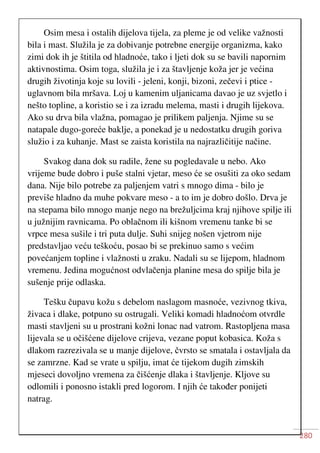280
Osim mesa i ostalih dijelova tijela, za pleme je od velike važnosti
bila i mast. Služila je za dobivanje potrebne energije organizma, kako
zimi dok ih je štitila od hladnoće, tako i ljeti dok su se bavili napornim
aktivnostima. Osim toga, služila je i za štavljenje koža jer je većina
drugih životinja koje su lovili - jeleni, konji, bizoni, zečevi i ptice -
uglavnom bila mršava. Loj u kamenim uljanicama davao je uz svjetlo i
nešto topline, a koristio se i za izradu melema, masti i drugih lijekova.
Ako su drva bila vlažna, pomagao je prilikem paljenja. Njime su se
natapale dugo-goreće baklje, a ponekad je u nedostatku drugih goriva
služio i za kuhanje. Mast se zaista koristila na najrazličitije načine.
Svakog dana dok su radile, žene su pogledavale u nebo. Ako
vrijeme bude dobro i puše stalni vjetar, meso će se osušiti za oko sedam
dana. Nije bilo potrebe za paljenjem vatri s mnogo dima - bilo je
previše hladno da muhe pokvare meso - a to im je dobro došlo. Drva je
na stepama bilo mnogo manje nego na brežuljcima kraj njihove spilje ili
u južnijim ravnicama. Po oblačnom ili kišnom vremenu tanke bi se
vrpce mesa sušile i tri puta dulje. Suhi snijeg nošen vjetrom nije
predstavljao veću teškoću, posao bi se prekinuo samo s većim
povećanjem topline i vlažnosti u zraku. Nadali su se lijepom, hladnom
vremenu. Jedina mogućnost odvlačenja planine mesa do spilje bila je
sušenje prije odlaska.
Tešku čupavu kožu s debelom naslagom masnoće, vezivnog tkiva,
živaca i dlake, potpuno su ostrugali. Veliki komadi hladnoćom otvrdle
masti stavljeni su u prostrani kožni lonac nad vatrom. Rastopljena masa
lijevala se u očišćene dijelove crijeva, vezane poput kobasica. Koža s
dlakom razrezivala se u manje dijelove, čvrsto se smatala i ostavljala da
se zamrzne. Kad se vrate u spilju, imat će tijekom dugih zimskih
mjeseci dovoljno vremena za čišćenje dlaka i štavljenje. Kljove su
odlomili i ponosno istakli pred logorom. I njih će također ponijeti
natrag.
 