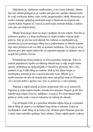 30
Odjednom je, vještinom mađioničara, u ruci imao lubanju. Jakom
lijevom rukom podigao ju je visoko nad glavom i polako okretao kako
bi svaki muškarac dobro vidio veliki, prepoznatljivi oblik. Netremice su
zurili u lubanju spiljskog medvjeda koja se bjelasala na treperavom
svjetlu baklji. Sagnuo se i stavio je pred malu mirisnu baklju, a zatim i
sam sjeo zatvarajući krug.
Mladić kraj njega skoči na noge i podigne drvenu zdjelu. Navršio je
jedanaest godina, a u krug muškaraca je stupio kratko vrijeme prije
potresa. Guv je još kao mali dječak bio izabran za čarobnjakovog
učenika pa je često pomagao Mog-uru u pripremama za obrede kojima
nije smio prisustvovati sve dok ne postane muškarac. Na svoju je novu
dužnost prvi put stupio nakon što su započeli traganje za spiljom i još je
uvijek bio prilično živčan.
Pronalaženje doma imalo je za Guva posebno značenje. Tako će
naučiti pojedinosti rijetko izvođenog obreda koji se nije moglo točno
opisati, potrebnog da spilja prijeđe u vlasništvo plemena. Još i više,
podučit će ga Veliki Mog-ur osobno. Dok je bio dijete bojao se
čarobnjaka, premda je bio svjestan ukazane časti. Mladić je u
međuvremenu shvatio da bogalj nije samo najvještiji mog-ur Plemena,
već i čovjek dobra i nježna srca. Guv je poštovao i volio učitelja.
Napitak u zdjeli učenik je počeo pripremati čim su se zaustavili.
Započeo je mljevenjem bunike između dva kamena. Najteži je dio bio
određivanje omjera listova, stabljika i cvjetova. Po izmrvljenoj biljci
prelio je vrelu vodu i ostavio tekućinu da odstoji do obreda.
Čaj od bunike izlio je u posebnu obrednu zdjelu koju je u trenutku
dok je Mog-ur stupio u osvijetljeni krug držao u rukama. Čekao je
čarobnjakov znak. Mog-ur je kušao čaj, odobravajuće klimnuo glavom,
i zatim ispio nekoliko gutljaja. Guv odahne. Zatim zdjelu pruži svakom
 
