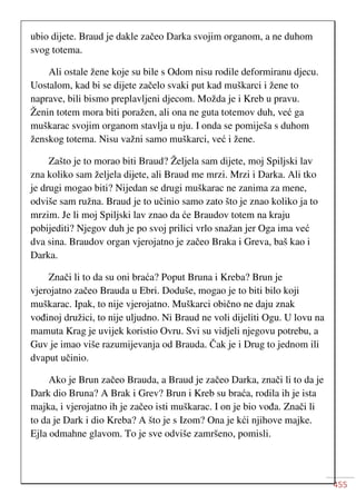 455
ubio dijete. Braud je dakle začeo Darka svojim organom, a ne duhom
svog totema.
Ali ostale žene koje su bile s Odom nisu rodile deformiranu djecu.
Uostalom, kad bi se dijete začelo svaki put kad muškarci i žene to
naprave, bili bismo preplavljeni djecom. Možda je i Kreb u pravu.
Ženin totem mora biti poražen, ali ona ne guta totemov duh, već ga
muškarac svojim organom stavlja u nju. I onda se pomiješa s duhom
ženskog totema. Nisu važni samo muškarci, već i žene.
Zašto je to morao biti Braud? Željela sam dijete, moj Spiljski lav
zna koliko sam željela dijete, ali Braud me mrzi. Mrzi i Darka. Ali tko
je drugi mogao biti? Nijedan se drugi muškarac ne zanima za mene,
odviše sam ružna. Braud je to učinio samo zato što je znao koliko ja to
mrzim. Je li moj Spiljski lav znao da će Braudov totem na kraju
pobijediti? Njegov duh je po svoj prilici vrlo snažan jer Oga ima već
dva sina. Braudov organ vjerojatno je začeo Braka i Greva, baš kao i
Darka.
Znači li to da su oni braća? Poput Bruna i Kreba? Brun je
vjerojatno začeo Brauda u Ebri. Doduše, mogao je to biti bilo koji
muškarac. Ipak, to nije vjerojatno. Muškarci obično ne daju znak
vođinoj družici, to nije uljudno. Ni Braud ne voli dijeliti Ogu. U lovu na
mamuta Krag je uvijek koristio Ovru. Svi su vidjeli njegovu potrebu, a
Guv je imao više razumijevanja od Brauda. Čak je i Drug to jednom ili
dvaput učinio.
Ako je Brun začeo Brauda, a Braud je začeo Darka, znači li to da je
Dark dio Bruna? A Brak i Grev? Brun i Kreb su braća, rodila ih je ista
majka, i vjerojatno ih je začeo isti muškarac. I on je bio vođa. Znači li
to da je Dark i dio Kreba? A što je s Izom? Ona je kći njihove majke.
Ejla odmahne glavom. To je sve odviše zamršeno, pomisli.
 