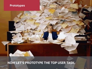 Prototypes
NOW LET’S PROTOTYPE THE TOP USER TASK.
 