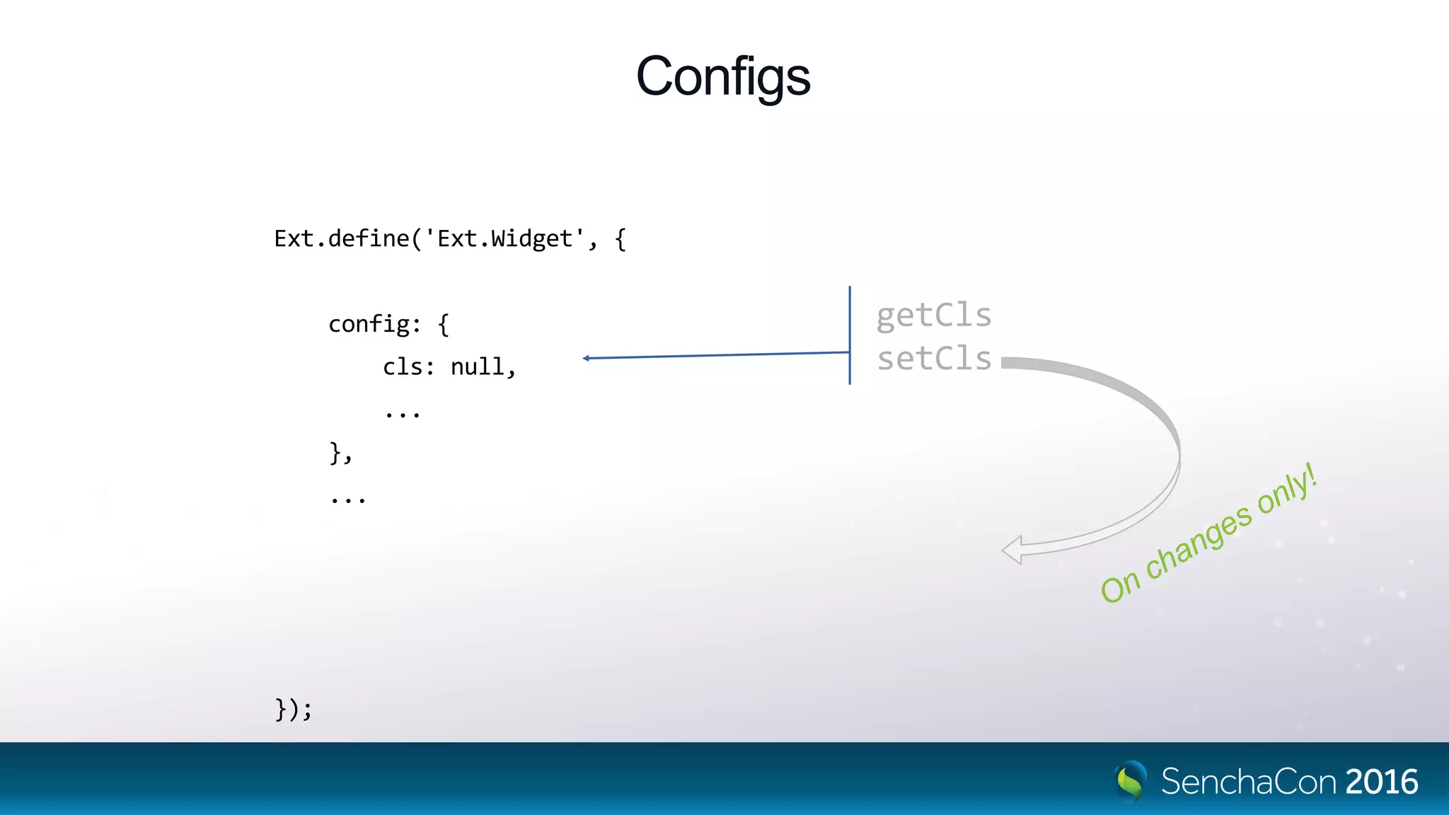 Configs
Ext.define('Ext.Widget', {
config: {
cls: null,
...
},
...
updateCls: function (cls, oldCls) {
this.element.replaceCls(oldCls, cls);
}
});
getCls
setCls
 