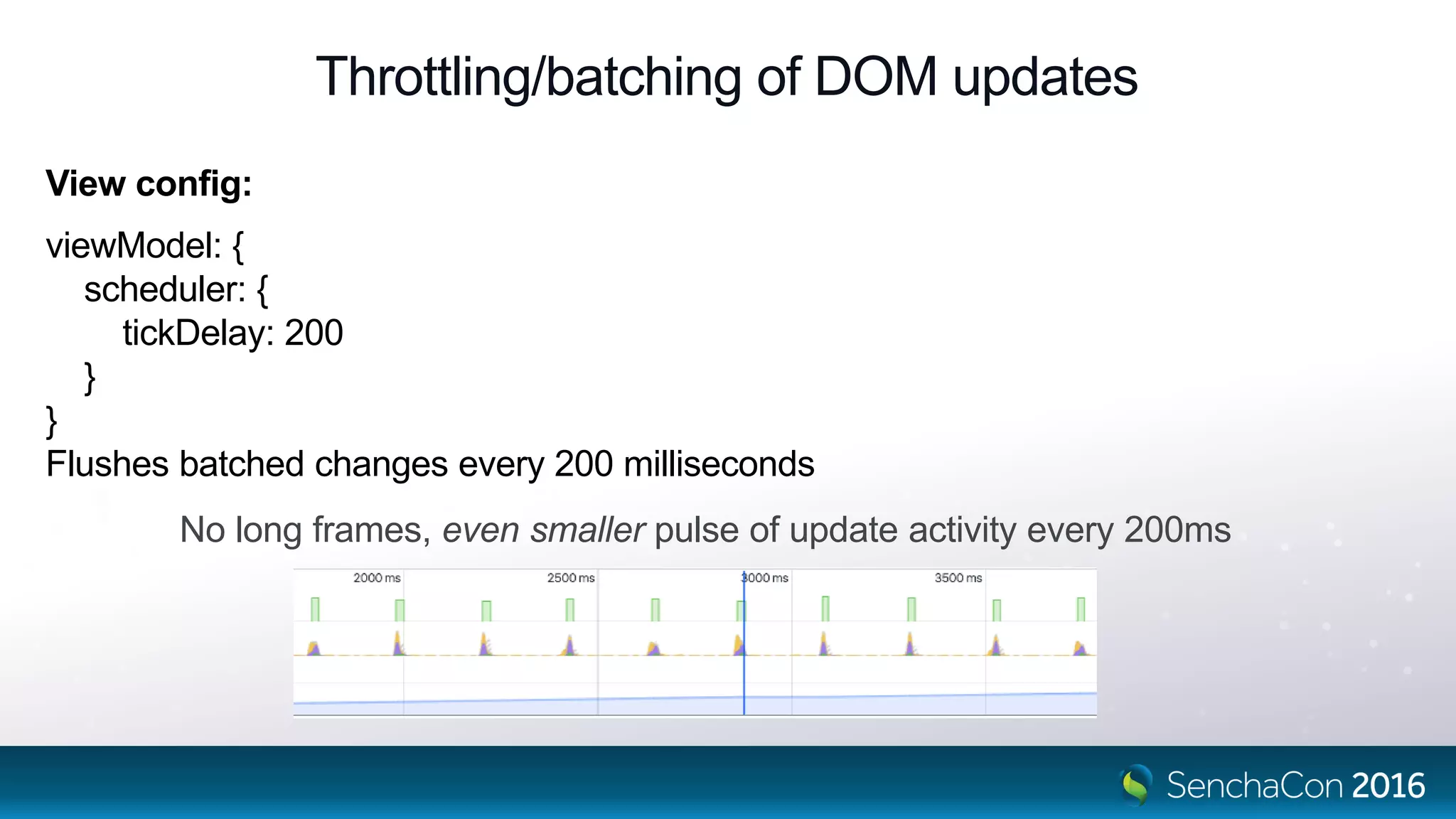 Throttling/batching of DOM updates
View config:
viewModel: {
scheduler: {
tickDelay: 200
}
}
Flushes batched changes every 200 milliseconds
No long frames, even smaller pulse of update activity every 200ms
 