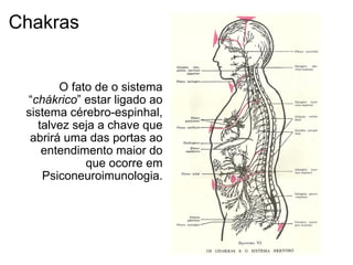 Chakras
O fato de o sistema
“chákrico” estar ligado ao
sistema cérebro-espinhal,
talvez seja a chave que
abrirá uma das portas ao
entendimento maior do
que ocorre em
Psiconeuroimunologia.
 