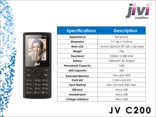 Specifications Description 
Appearance Bar phone 
Dimension 111×46.1×14.3mm 
Main LCD 1.8 inch QQVGA TFT,128 x 160 pixels 
Weight 79g 
Freq Band CDMA 1X 800 MHz 
Battery 1000mAH 5C Battery 
Phonebook Capacity 1500 
SMS Capacity 500 
Extended Memory Yes, upto 4GB 
Card slot 1 UIM card slot 
Input Method abc, Numeric,ABC,Abc 
USB jack Mirco USB 
Headset jack Mirco USB 
Charger Interface Mirco USB 
JV C2 0 0 
 