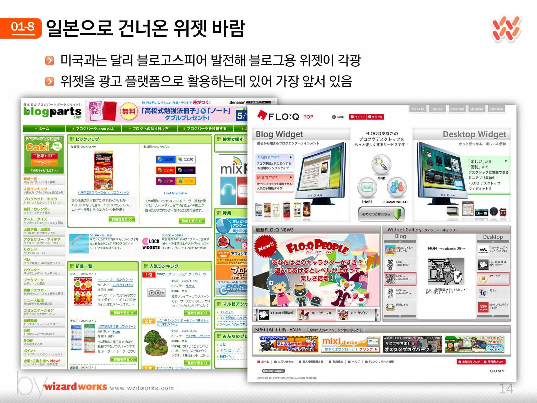 01-8   일본으로 건너온 위젯 바람
        미국과는 달리 블로고스피어 발젂해 블로그용 위젯이 각광
        위젯을 광고 플랫폼으로 홗용하는데 있어 가장 앞서 있음




                                         14
 