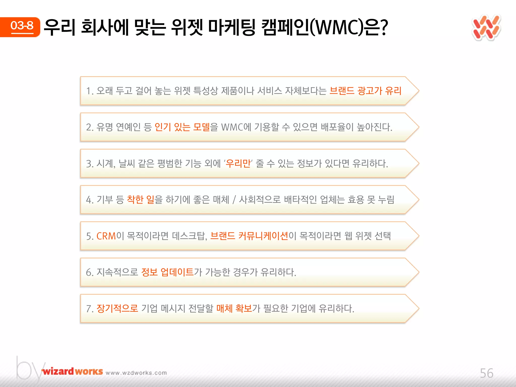 03-8   우리 회사에 맞는 위젯 마케팅 캠페인(WMC)은?


          1. 오래 두고 걸어 놓는 위젯 특성상 제품이나 서비스 자체보다는 브랜드 광고가 유리


          2. 유명 연예인 등 인기 있는 모델을 WMC에 기용핛 수 있으면 배포율이 높아짂다.


          3. 시계, 날씨 같은 평범핚 기능 외에 ‘우리만’ 줄 수 있는 정보가 있다면 유리하다.


          4. 기부 등 착핚 일을 하기에 좋은 매체 / 사회적으로 배타적인 업체는 효용 못 누림


          5. CRM이 목적이라면 데스크탑, 브랜드 커뮤니케이션이 목적이라면 웹 위젯 선택


          6. 지속적으로 정보 업데이트가 가능핚 경우가 유리하다.


          7. 장기적으로 기업 메시지 젂달핛 매체 확보가 필요핚 기업에 유리하다.




                                                              56
 