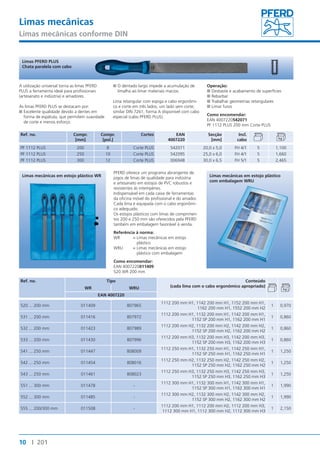 Limas mecânicas 
Limas mecânicas conforme DIN 
Limas PFERD PLUS 
Chata paralela com cabo 
A utilização universal torna as limas PFERD 
PLUS a ferramenta ideal para profissionais 
(artesanato e indústria) e amadores. 
As limas PFERD PLUS se destacam por: 
■■Excelente qualidade devido a dentes em 
forma de espátula, que permitem suavidade 
de corte e menos esforço. 
Ref. no. Compr. 
Limas mecânicas em estojo plástico WR Limas mecânicas em estojo plástico 
10 I 201 
[mm] 
■■O dentado largo impede a acumulação de 
limalha ao limar materiais macios. 
Lima retangular com espiga e cabo ergonômi-co 
similar DIN 7261, forma A disponível com cabo 
especial (cabo PFERD PLUS). 
Compr. 
[pol.] 
e corte em três lados, um lado sem corte; 
Cortes EAN 
4007220 
Operação: 
■■Desbaste e acabamento de superfícies 
■■Rebarbar 
■■Trabalhar geometrias retangulares 
■■Limar furos 
Como encomendar: 
EAN 4007220542071 
PF 1112 PLUS 200 mm Corte PLUS 
Secção 
[mm] 
Incl. 
cabo 
PF 1112 PLUS 200 8 Corte PLUS 542071 20,0 x 5,0 FH 4/1 5 1,100 
PF 1112 PLUS 250 10 Corte PLUS 542095 25,0 x 6,0 FH 4/1 5 1,660 
PF 1112 PLUS 300 12 Corte PLUS 006948 30,0 x 6,5 FH 5/1 5 2,465 
Ref. no. Tipo Conteúdo 
WR WRU (cada lima com o cabo ergonômico apropriado) 
EAN 4007220 
520 ... 200 mm 011409 807965 
1112 200 mm H1, 1142 200 mm H1, 1152 200 mm H1, 
1162 200 mm H1, 1552 200 mm H2 
1 0,970 
531 ... 200 mm 011416 807972 
1112 200 mm H1, 1132 200 mm H1, 1142 200 mm H1, 
1152 SP 200 mm H1, 1162 200 mm H1 
1 0,860 
532 ... 200 mm 011423 807989 
1112 200 mm H2, 1132 200 mm H2, 1142 200 mm H2, 
1152 SP 200 mm H2, 1162 200 mm H2 
1 0,860 
533 ... 200 mm 011430 807996 
1112 200 mm H3, 1132 200 mm H3, 1142 200 mm H3, 
1152 SP 200 mm H3, 1162 200 mm H3 
1 0,860 
541 ... 250 mm 011447 808009 
1112 250 mm H1, 1132 250 mm H1, 1142 250 mm H1, 
1152 SP 250 mm H1, 1162 250 mm H1 
1 1,250 
542 ... 250 mm 011454 808016 
1112 250 mm H2, 1132 250 mm H2, 1142 250 mm H2, 
1152 SP 250 mm H2, 1162 250 mm H2 
1 1,250 
543 ... 250 mm 011461 808023 
1112 250 mm H3, 1132 250 mm H3, 1142 250 mm H3, 
1152 SP 250 mm H3, 1162 250 mm H3 
1 1,250 
551 ... 300 mm 011478 - 
1112 300 mm H1, 1132 300 mm H1, 1142 300 mm H1, 
1152 SP 300 mm H1, 1162 300 mm H1 
1 1,990 
552 ... 300 mm 011485 - 
1112 300 mm H2, 1132 300 mm H2, 1142 300 mm H2, 
1152 SP 300 mm H2, 1162 300 mm H2 
1 1,990 
555 ... 200/300 mm 011508 - 
1112 200 mm H1, 1112 200 mm H2, 1112 200 mm H3, 
1112 300 mm H1, 1112 300 mm H2, 1112 300 mm H3 
1 2,150 
PFERD oferece um programa abrangente de 
jogos de limas de qualidade para indústria 
e artesanato em estojos de PVC robustos e 
resistentes às intempéries. 
Indispensável em cada caixa de ferramentas 
da oficina móvel do profissional e do amador. 
Cada lima é equipada com o cabo ergonômi-co 
adequado. 
Os estojos plásticos com limas de comprimen-tos 
200 e 250 mm são oferecidos pela PFERD 
também em embalagem favorável à venda. 
Referência à norma: 
WR = Limas mecânicas em estojo 
plástico 
WRU = Limas mecânicas em estojo 
plástico com embalagem 
Como encomendar: 
EAN 4007220011409 
520 WR 200 mm 
com embalagem WRU 
 
