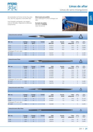 Limas de afiar 
Limas de serra triangulares 
21 
201 
201 I 
São produzidas nas formas normal, fina, extra 
fina, ultra fina, seguindo a norma DIN 7262. 
Lima triangular, pontiaguda, com espiga e 
corte em três lados. Disponível em diferentes 
comprimentos. 
Observação para pedido: 
Com a descrição PF a lima é entregue com 
cabo. 
Exemplo de pedido: 
EAN 4007220010310 
1232 125 mm H2 
Limas de serra normais 
Ref. no. Compr. 
[mm] 
Compr. 
[pol.] 
Cortes EAN 
4007220 
Secção 
[mm] 
Cabo 
adequado 
1232 125 5 2 010310 10,0 FH 3 10 0,534 
1232 150 6 2 010327 12,0 FH 3 10 0,838 
1232 250 10 2 010358 18,0 FH 4 10 2,552 
Embalagem PF (com cabo) 
PF 1232 125 5 2 542347 10,0 - 5 0,330 
PF 1232 150 6 2 542354 12,0 - 5 0,550 
Limas de serra finas 
Ref. no. Compr. 
[mm] 
Compr. 
[pol.] 
Cortes EAN 
4007220 
Secção 
[mm] 
Cabo 
adequado 
1237 100 4 2 010365 6,0 FH 2 10 0,148 
1237 125 5 2 010389 7,0 FH 2 10 0,240 
1237 150 6 2 010396 8,5 FH 3 10 0,452 
1237 175 7 2 010402 10,0 FH 4 10 0,598 
1237 200 8 2 010419 12,0 FH 4 10 1,060 
Embalagem PF (com cabo) 
PF 1237 125 5 2 542361 7,0 - 5 0,285 
PF 1237 150 6 2 542378 8,5 - 5 0,410 
Limas de serra extra finas 
Ref. no. Compr. 
[mm] 
Compr. 
[pol.] 
Cortes EAN 
4007220 
Secção 
[mm] 
Cabo 
adequado 
1238 100 4 2 010426 5,0 FH 2 10 0,116 
1238 150 6 2 010457 7,0 FH 2 10 0,336 
Embalagem PF (com cabo) 
PF 1238 150 6 2 542408 7,0 - 5 0,355 
Limas de serra ultra finas 
Ref. no. Compr. 
[mm] 
Compr. 
[pol.] 
Cortes EAN 
4007220 
Secção 
[mm] 
Cabo 
adequado 
1239 125 5 2 328286 4,7 FH 2 10 0,160 
1239 200 8 2 328316 8,0 FH 3 10 0,695 
 