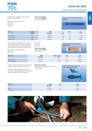 Limas de afiar 
Limas para motosserras 
25 
201 
Limas para motosserras em estojo 
plástico 
Cabos especiais para limas para 
motosserras 
Calibre afiador de motosserras, 
Cabo ergonômico da lima 
201 I 
Duas limas em embalagem hermética de 
plástico com perfuração. 
Diâmetros disponíveis das limas: 
■■4,0 mm 
■■4,8 mm 
■■5,5 mm. 
Ref. no. Compr. 
[mm] 
EAN 
4007220 
ø 
[mm] 
Como encomendar: 
EAN 4007220005408 
4122 SK-4,0 200 mm 
4122 SK-4,0 200 005408 4,0 20 1,100 
4122 SK-4,8 200 005415 4,8 20 1,510 
4122 SK-5,5 200 005422 5,5 20 1,860 
O cabo especial de madeira possui um esqua-dro 
de encosto, que determina o ângulo de 
limar ideal de 35° para uma afiação precisa e 
uniforme de todos os dentes da motosserra. 
Indicado para diâmetros de lima: 
■■5,16 mm 
■■5,5 mm 
■■6,3 mm 
■■7,0 mm 
■■7,9 mm 
Como encomendar: 
EAN 4007220015407 
HKSF 100/10 
Ref. no. EAN 
4007220 
Compr. total 
[mm] 
HKSF 100/10 015407 100 10 0,300 
HKSF 100/100 015391 100 100 3,000 
O calibre afiador de motosserras permite limar 
sempre os dentes da serra no ângulo certo. 
O KSSL especifica os ângulos 30° e 35° e é 
colocado no munhão do cabo FH 1 KSF. Favor 
observar os dados de cada motosserra. 
Referência à norma: 
Encomendar cabo ergonômico FH 1 KSF 
separadamente. 
Ref. no. EAN 
4007220 
KSSL 
FH 1 KSF 
KSSL 536308 10 0,025 
FH 1 KSF 535707 10 0,230 
 