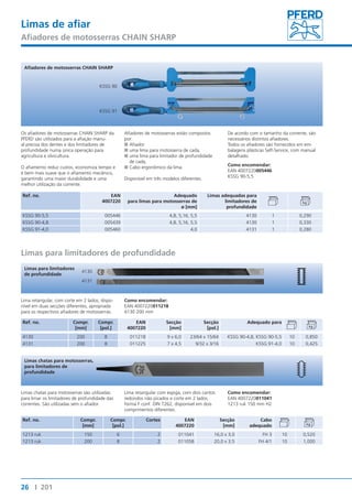 Limas de afiar 
Afiadores de motosserras CHAIN SHARP 
Afiadores de motosserras CHAIN SHARP 
KSSG 90 
KSSG 91 
Os afiadores de motosserras CHAIN SHARP da 
PFERD são utilizados para a afiação manu-al 
precisa dos dentes e dos limitadores de 
profundidade numa única operação para 
agricultura e silvicultura. 
O afiamento reduz custos, economiza tempo e 
é bem mais suave que o afiamento mecânico, 
garantindo uma maior durabilidade e uma 
melhor utilização da corrente. 
Ref. no. EAN 
4130 
4131 
Limas para limitadores 
de profundidade 
Lima retangular, com corte em 2 lados, dispo-nível 
em duas secções diferentes, apropriada 
para os respectivos afiadores de motosserras. 
Limas chatas para motosserras, 
para limitadores de 
profundidade 
Limas chatas para motosserras são utilizadas 
para limar os limitadores de profundidade das 
correntes. São utilizadas sem o afiador. 
26 I 201 
4007220 
Afiadores de motosserras estão compostos 
por: 
■■Afiador 
■■uma lima para motosserra de cada, 
■■uma lima para limitador de profundidade 
de cada, 
■■Cabo ergonômico da lima. 
Disponível em três modelos diferentes. 
Adequado 
para limas para motosserras de 
ø [mm] 
De acordo com o tamanho da corrente, são 
necessários distintos afiadores. 
Todos os afiadores são fornecidos em em-balagens 
plásticas Self-Service, com manual 
detalhado. 
Como encomendar: 
EAN 4007220005446 
KSSG 90-5,5 
Limas adequadas para 
limitadores de 
profundidade 
KSSG 90-5,5 005446 4,8, 5,16, 5,5 4130 1 0,290 
KSSG 90-4,8 005439 4,8, 5,16, 5,5 4130 1 0,330 
KSSG 91-4,0 005460 4,0 4131 1 0,280 
Limas para limitadores de profundidade 
Ref. no. Compr. 
[mm] 
Compr. 
[pol.] 
Como encomendar: 
EAN 4007220011218 
4130 200 mm 
EAN 
4007220 
Secção 
[mm] 
Secção 
[pol.] 
Adequado para 
4130 200 8 011218 9 x 6,0 23/64 x 15/64 KSSG 90-4,8, KSSG 90-5,5 10 0,850 
4131 200 8 011225 7 x 4,5 9/32 x 3/16 KSSG 91-4,0 10 0,425 
Ref. no. Compr. 
[mm] 
Lima retangular com espiga, com dois cantos 
redondos não picados e corte em 2 lados, 
forma F conf. DIN 7262, disponível em dois 
comprimentos diferentes. 
Compr. 
[pol.] 
Cortes EAN 
4007220 
Como encomendar: 
EAN 4007220011041 
1213 ruk 150 mm H2 
Secção 
[mm] 
Cabo 
adequado 
1213 ruk 150 6 2 011041 16,0 x 3,0 FH 3 10 0,520 
1213 ruk 200 8 2 011058 20,0 x 3,5 FH 4/1 10 1,000 
 