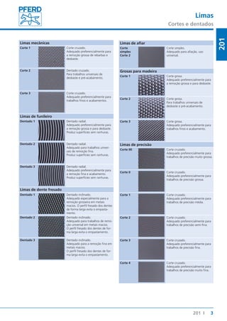 Limas 
Cortes e dentados 
3 
201 
201 I 
Limas mecânicas 
Corte 1 Corte cruzado. 
Adequado preferencialmente para 
a remoção grossa de rebarbas e 
desbaste. 
Corte 2 Dentado cruzado. 
Para trabalhos universais de 
desbaste e pré-acabamento. 
Corte 3 Corte cruzado. 
Adequado preferencialmente para 
trabalhos fi nos e acabamentos. 
Limas de funileiro 
Dentado 1 Dentado radial. 
Adequado preferencialmente para 
a remoção grossa e para desbaste. 
Produz superfícies sem ranhuras. 
Dentado 2 Dentado radial. 
Adequado para trabalhos univer-sais 
de remoção fi na. 
Produz superfícies sem ranhuras. 
Dentado 3 Dentado radial. 
Adequado preferencialmente para 
a remoção fi na e acabamento. 
Produz superfícies sem ranhuras. 
Limas de dente fresado 
Dentado 1 Dentado inclinado. 
Adequado especialmente para a 
remoção grosseira em metais 
macios. O perfi l fresado dos dentes 
de forma larga evita o empasta-mento. 
Dentado 2 Dentado inclinado. 
Adequado para trabalhos de remo-ção 
universal em metais macios. 
O perfi l fresado dos dentes de for-ma 
larga evita o empastamento. 
Dentado 3 Dentado inclinado. 
Adequado para a remoção fi na em 
metais macios. 
O perfi l fresado dos dentes de for-ma 
larga evita o empastamento. 
Limas de afi ar 
Corte 
simples 
Corte 2 
Corte simples. 
Adequado para afi ação, uso 
universal. 
Grosas para madeira 
Corte 1 Corte grosa. 
Adequado preferencialmente para 
a remoção grossa e para desbaste. 
Corte 2 Corte grosa. 
Para trabalhos universais de 
desbaste e pré-acabamento. 
Corte 3 Corte grosa. 
Adequado preferencialmente para 
trabalhos fi nos e acabamento. 
Limas de precisão 
Corte 00 Corte cruzado. 
Adequado preferencialmente para 
trabalhos de precisão muito grossa. 
Corte 0 Corte cruzado. 
Adequado preferencialmente para 
trabalhos de precisão grossa. 
Corte 1 Corte cruzado. 
Adequado preferencialmente para 
trabalhos de precisão média. 
Corte 2 Corte cruzado. 
Adequado preferencialmente para 
trabalhos de precisão semi-fi na. 
Corte 3 Corte cruzado. 
Adequado preferencialmente para 
trabalhos de precisão fi na. 
Corte 4 Corte cruzado. 
Adequado preferencialmente para 
trabalhos de precisão muito fi na. 
 