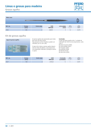 Limas e grosas para madeira 
Grosas agulha 
Meia cana 
Ref. no. Compr. 
Jogo de grosas agulha 
32 I 201 
[mm] 
Corte suíço EAN 
4007220 
ø da espiga 
[mm] 
2502 140 2 346051 3 12 0,079 
Kit de grosas agulha 
Ref. no. Compr. 
[mm] 
As grosas agulha são apropriadas para traba-lhar 
locais de difícil acesso. 
Elas possuem punhos forjados e podem ser 
utilizadas com ou sem cabo. 
O jogo inclui todas as grosas agulha disponí-veis 
em estojo de plástico, que proporciona 
uma disposição ordenada e protege de danos 
e sujeira. 
Corte suíço EAN 
4007220 
Conteúdo: 
O jogo de grosas agulha inclui 1 unidade de 
cada perfil, de 140 mm de comprimento, corte 
suíço 2. 
■■chata de ponta (2506) 
■■chata paralela (2501) 
■■triangular (2507) 
■■quadrada (2508) 
■■redonda (2510) 
■■meia cana (2502) 
Conteúdo 
[unidades] 
2527 140 2 235522 6 1 0,041 
 