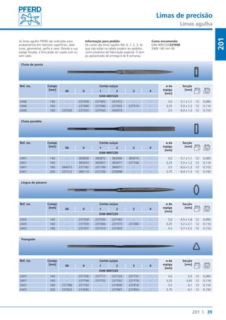 Limas de precisão 
Limas agulha 
39 
201 
201 I 
As limas agulha PFERD são indicadas para 
acabamentos em menores superfícies, aber-turas, 
geometrias, perfis e raios. Devido a sua 
espiga forjada, a lima pode ser usada com ou 
sem cabo. 
Informação para pedido: 
Os cortes das limas agulha (00, 0, 1, 2, 3, 4), 
que não estão na tabela podem ser pedidos, 
como produtos de fabricação especial. O tem-po 
aproximado de entrega é de 8 semanas. 
Como encomenda: 
EAN 4007220237458 
2406 140 mm H0 
Chata de ponta 
Ref. no. Compr. 
[mm] 
Cortes suíços ø da 
espiga 
[mm] 
Secção 
00 0 1 2 3 4 [mm] 
EAN 4007220 
2406 140 - 237458 237465 237472 - - 3,0 5,1 x 1,1 12 0,085 
2406 160 - 237489 237496 237502 237519 - 3,25 5,5 x 1,2 12 0,116 
2406 180 237526 237533 237540 345979 - - 3,5 6,0 x 1,3 12 0,153 
Chata paralela 
Ref. no. Compr. 
[mm] 
Cortes suíços ø da 
espiga 
[mm] 
Secção 
00 0 1 2 3 4 [mm] 
EAN 4007220 
2401 140 - 383858 383872 383896 383919 - 3,0 5,1 x 1,1 12 0,085 
2401 160 - 383933 383957 383971 237168 - 3,25 5,5 x 1,2 12 0,116 
2401 180 384015 237182 237199 384077 - - 3,5 6,0 x 1,3 12 0,153 
2401 200 237212 384114 237236 235898 - - 3,75 6,4 x 1,3 12 0,192 
Língua de pássaro 
Ref. no. Compr. 
[mm] 
Cortes suíços ø da 
espiga 
[mm] 
Secção 
00 0 1 2 3 4 [mm] 
EAN 4007220 
2403 140 - 237328 237335 237342 - - 3,0 4,5 x 1,8 12 0,085 
2403 160 - 237359 237366 237373 237380 - 3,25 5,2 x 2,1 12 0,116 
2403 180 - 237397 237410 237403 - - 3,5 5,7 x 2,2 12 0,153 
Triangular 
Ref. no. Compr. 
[mm] 
Cortes suíços ø da 
espiga 
[mm] 
Secção 
00 0 1 2 3 4 [mm] 
EAN 4007220 
2407 140 - 237700 237717 237724 237731 - 3,0 3,5 12 0,085 
2407 160 - 237748 237755 237762 237779 - 3,25 3,65 12 0,116 
2407 180 237786 237793 - 237809 237816 - 3,5 4,1 12 0,153 
2407 200 237823 237830 - 237847 237854 - 3,75 4,1 12 0,192 
 