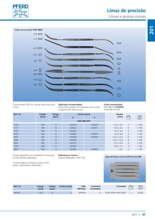 Limas de precisão 
Limas e grosas curvas 
47 
201 
Referência à norma: 
Suporte adequado = RFH 150 Jogo de limas curvas Self-Service 900 
201 I 
Limas curvas série 410P-480P 
410P 
411P 
412P 
430P 
440P 
450P 
460P 
470P 
480P 
Comprimento 300 mm, versão maior das limas 
curvas. 
Ref. no. Compr. 
[mm] 
Aplicação recomendada: 
Limas curvas podem ser utilizadas com ou sem 
o suporte para limas curvas. 
Compr. 
[pol.] 
Como encomendar: 
EAN 4007220345818 
410P 300 mm H0 
Cortes suíços Secção 
0 2 [mm] 
EAN 4007220 
410P 300 12 345818 345825 15,0 x 4,0 6 1,700 
411P 300 12 345924 345931 15,0 x 4,4 6 1,700 
412P 300 12 345801 - 15,0 x 4,4 6 1,700 
430P 300 12 345863 345870 8,0 x 8,0 6 1,700 
440P 300 12 345849 345856 12,0 x 12,0 6 1,700 
450P 300 12 345900 - 15,0 x 12,0 6 1,700 
460P 300 12 345917 - 15,0 x 6,0 6 1,700 
470P 300 12 345832 - 14,0 x 7,0 6 1,700 
480P 300 12 345887 345894 10,0 6 1,700 
O jogo apresenta uma variedade de limas para 
as mais diversas aplicações. 
O estojo plástico protege as limas contra 
danos, mantendo-as ordenadas. 
Ref. no. Compr. 
[mm] 
Compr. 
[pol.] 
Cortes suíços EAN 
4007220 
Conteúdo 
[unidades] 
Conteúdo 
SB 900 150 6 2 009239 4 914P, 930P, 963P, 981P 1 0,350 
 