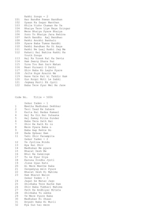 Rakhi Songs - 2
101 Aao Bandhe Pawan Bandhan
102 Gyaan Ka Sagar Manthan
103 Khile Vishv Chaman Ke Ye
104 Bhaiya Tere Liye Naya Sringar
105 Mere Bhaiya Pyare Bhaiya
106 Suno To Bhaiya Jara Bahina
107 Hath Bandho Aaj Bandhao
108 Rakhi Anokhi Banhalo
109 Pyare Baba Tumne Bandhi
110 Rakhi Bandhan Ka Di Aaya
111 Rakhi Ne Laaj Rakhi Jag Me
112 Kahati Hai Bahina Rakhi Ka
Youth Songs
113 Aaj Ka Yuvak Kal Ka Devta
114 Ham Swarg Dhara Par
115 Yuva Too Ban Sarv Mahan
116 Naav Puraani O Sathi
117 Shiv Baba Ko Lagte Pyare
118 Jalte Huye Anaron Me
119 Aane Vale Kal ki Takdir Ham
120 Gun Roopi Moti Le Sabki
121 Jagmag Karti Ek Jyoti
122 Baba Tere Pyar Mei Na Jane
Code No. Title - 5006
Sakar Yaden - 1
1 Meetha Madhuban Dekhkar
2 Teri Yaad Ke Sahare
3 Karta Hai Badaa Kamaal
4 Aaj Ka Din Hai Suhaana
5 Aaj Samay Kitna Sundar
6 Baba Tera Sath Hai
7 Shiv Ke Rath Ko is
8 Mere Pyare Baba o
9 Baba Aap Rehte Ho
10 Bada Upkaar Ham
11 Vahi Shiv Parampita
Sakar Yaden - 2
12 Ye Jyotisa Bindu
13 Aya Hai Shiv
14 Madhuban Me pyare
15 Bharat Desh Me
16 Bhul Na Sakeinge
17 Tu ne Pyar Diya
18 Karuna Sindhu Jyoti
19 Jisne Gyan Ratn
20 Ai Mere Meethe Baba
21 Sangamyug mein Pyare
22 Bharat Desh Ki Mahima
23 Ham Bharat Walon
Sakar Yaden - 3
24 Jagat ke Matao Jago
25 Shivbaba Tere Bache Ham
26 Shiv Baba Tumhari Mahima
27 Path Ka Andhiyar Mitata
28 Shivbaba Tu sabka
29 Ye Mere Pyare Baba
30 Madhuban Ki Shaan
31 Avyakt Baba Ki Murli
32 Kya Gun hai mere
 