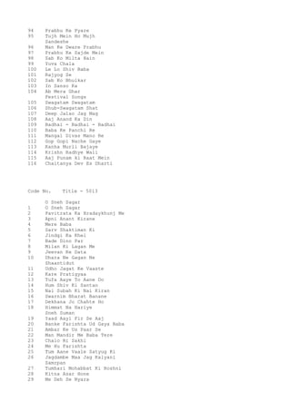 94 Prabhu Ke Pyare
95 Tujh Mein Ho Mujh
Sandeshe
96 Man Ke Dware Prabhu
97 Prabhu Ke Sajde Mein
98 Sab Ko Milta Hain
99 Yuva Chala
100 Le Lo Shiv Baba
101 Rajyog Se
102 Sab Ko Bhulkar
103 In Sanso Ka
104 Ab Mera Ghar
Festival Songs
105 Swagatam Swagatam
106 Shub-Swagatam Shat
107 Deep Jalao Jag Mag
108 Aaj Anand Ka Din
109 Badhai - Badhai - Badhai
110 Baba Ke Panchi Re
111 Mangal Divas Mano Re
112 Gop Gopi Nache Gaye
113 Kanha Murli Bajaye
114 Krishn Radhye Wali
115 Aaj Punam ki Raat Mein
116 Chaitanya Dev Es Dharti
Code No. Title - 5013
O Sneh Sagar
1 O Sneh Sagar
2 Pavitrata Ka Hradaykhunj Me
3 Apni Anant Kirane
4 Mere Baba
5 Sarv Shaktiman Ki
6 Jindgi Ka Khel
7 Bade Dino Par
8 Milan Ki Lagan Me
9 Jeevan Ke Data
10 Dhara Ne Gagan Ne
Shaantidut
11 Udho Jagat Ke Vaaste
12 Kare Pratigyaa
13 Tufa Aaye To Aane Do
14 Hum Shiv Ki Santan
15 Nai Subah Ki Nai Kiran
16 Swarnim Bharat Banane
17 Dekhana Jo Chahte Ho
18 Himmat Na Hariye
Sneh Suman
19 Yaad Aayi Fir Se Aaj
20 Banke Farishta Ud Gaya Baba
21 Ambar Ke Us Paar Se
22 Man Mandir Me Baba Tere
23 Chalo Ri Sakhi
24 Me Hu Farishta
25 Tum Aane Vaale Satyug Ki
26 Jagdambe Maa Jag Kalyani
Samrpan
27 Tumhari Mohabbat Ki Roshni
28 Kitna Asar Hone
29 Me Deh Se Nyara
 