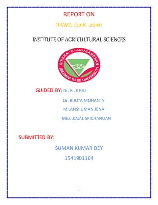 1
REPORT ON
RAWE: (2018 -2019)
INSTITUTE OF AGRICULTURAL SCIENCES
GUIDED BY: Dr. R . K RAJ
Dr. BIJOYA MOHANTY
Mr.ANSHUMAN JENA
Miss .KAJAL SRICHANDAN
SUBMITTED BY:
SUMAN KUMAR DEY
1541901164
 