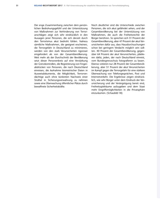 31 ROLAND RECHTSREPORT 2017 II. Viel Unterstützung für staatliche Massnahmen zur Terrorbekämpfung
Der enge Zusammenhang zwischen dem persön-
lichen Bedrohungsgefühl und der Unterstützung
von Maßnahmen zur Verhinderung von Terror­
anschlägen zeigt sich sehr eindrücklich in den
Aussagen jener Personen, die sich derzeit durch
den Terrorismus akut bedroht fühlen. Nahezu
sämtliche Maßnahmen, die geeignet erscheinen,
die Terrorgefahr in Deutschland zu minimieren,
werden von den stark Verunsicherten rigoroser
eingefordert als von der Gesamtbevölkerung.
Weit mehr als der Durchschnitt der Bevölkerung
setzt dieser Personenkreis auf eine Verstärkung
der Grenzkontrollen, die Registrierung von Finger-
abdrücken von Personen, die nach Deutschland
einreisen, die Aufnahme biometrischer Daten in
Ausweisdokumente, die Möglichkeit, Terrorver-
dächtige auch ohne konkreten Nachweis einer
Straftat in Sicherungsverwahrung zu nehmen
sowie eine Überwachung öffentlicher Plätze durch
bewaffnete Sicherheitskräfte.
Noch deutlicher sind die Unterschiede zwischen
Personen, die sich akut gefährdet sehen, und der
Gesamtbevölkerung bei der Unterstützung von
Maßnahmen, die auch die Freiheitsrechte der
Bürger berühren. So sprechen sich 31 Prozent der
Gesamtbevölkerung, aber 47 Prozent der akut Ver-
unsicherten dafür aus, dass Hausdurchsuchungen
schon bei geringem Verdacht möglich sein soll-
ten. 40 Prozent der Gesamtbevölkerung, gegen-
über 64 Prozent der akut Verunsicherten, plädie-
ren dafür, jeden, der nach Deutschland einreist,
vom Bundesgrenzschutz fotografieren zu lassen.
Ebenso votieren nur 28 Prozent der Gesamtbevöl-
kerung, aber 51 Prozent der akut Verunsicherten
im Kampf gegen die Terrorgefahr für eine stärkere
Überwachung von Telefongesprächen, Post und
Internetverkehr. Die Ergebnisse zeigen eindrück-
lich, wie sehr Bürger unter dem Eindruck der Ver-
unsicherung und der Verängstigung bereit sind,
Freiheitsspielräume aufzugeben und dem Staat
mehr Eingriffsmöglichkeiten in die Privatsphäre
einzuräumen. (Schaubild 18)
 