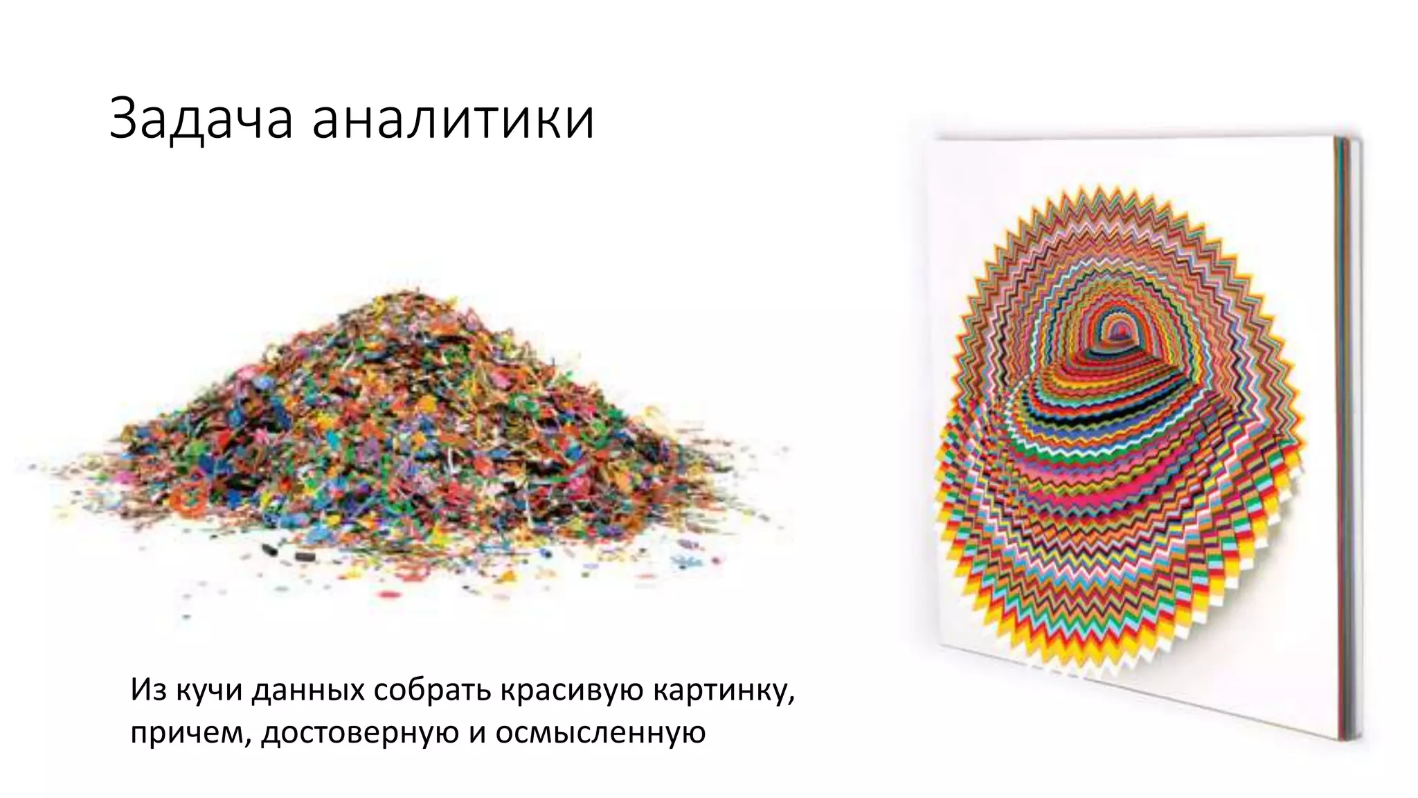 Задача аналитики
Из кучи данных собрать красивую картинку,
причем, достоверную и осмысленную
 