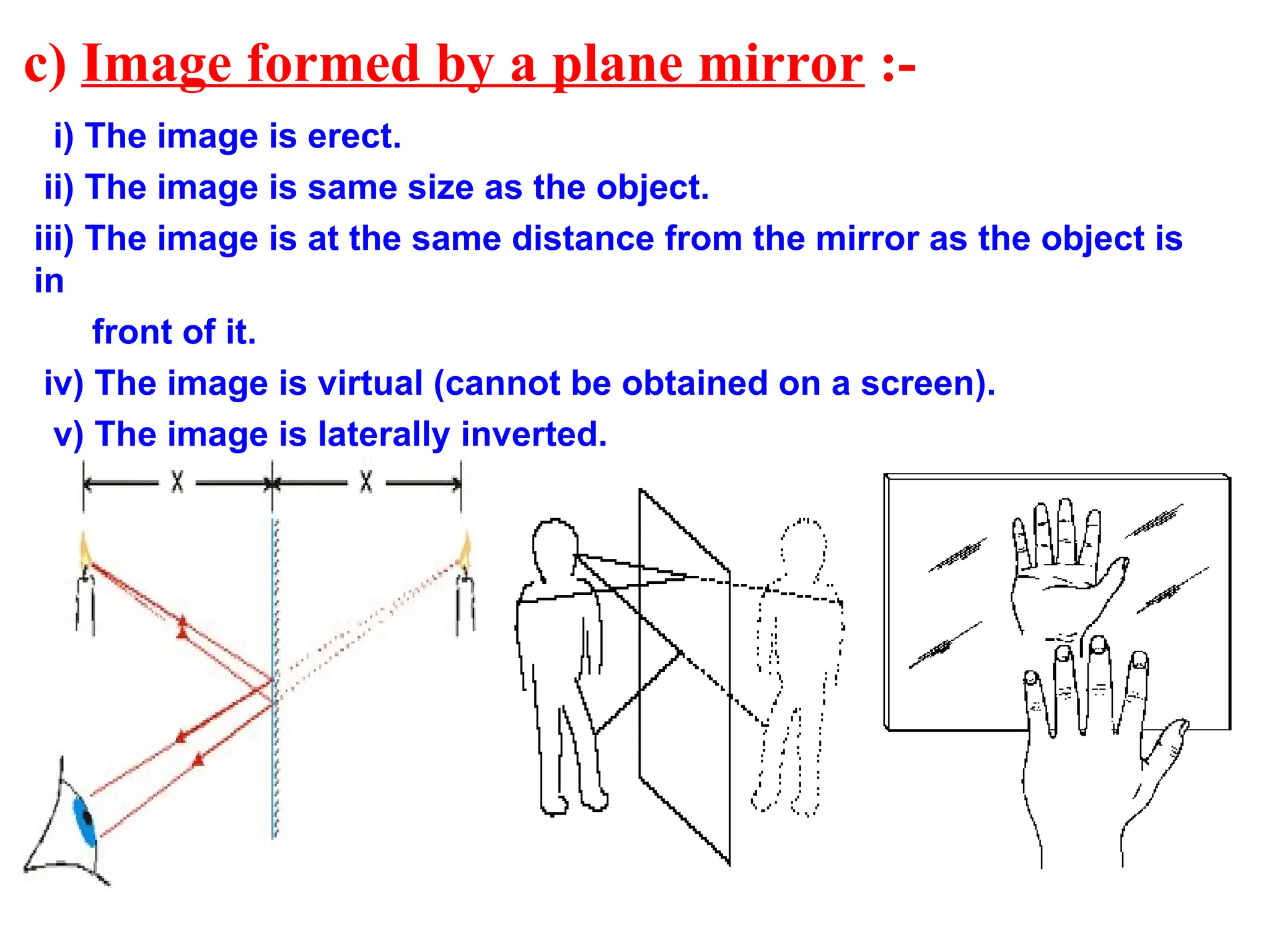 c) Image formed by a plane mirror :-
i) The image is erect.
ii) The image is same size as the object.
iii) The image is at the same distance from the mirror as the object is
in
front of it.
iv) The image is virtual (cannot be obtained on a screen).
v) The image is laterally inverted.
 