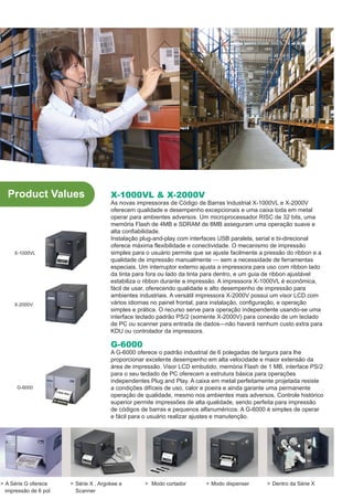 Product Values                       X-1000VL & X-2000V
                                       As novas impressoras de Código de Barras Industrial X-1000VL e X-2000V
                                       oferecem qualidade e desempenho excepcionais e uma caixa toda em metal
                                       operar para ambientes adversos. Um microprocessador RISC de 32 bits, uma
                                       memória Flash de 4MB e SDRAM de 8MB asseguram uma operação suave e
                                       alta confiabilidade.
                                       Instalação plug-and-play com interfaces USB paralela, serial e bi-direcional
                                       oferece máxima flexibilidade e conectividade. O mecanismo de impressão
     X-1000VL                          simples para o usuário permite que se ajuste facilmente a pressão do ribbon e a
                                       qualidade de impressão manualmente — sem a necessidade de ferramentas
                                       especiais. Um interruptor externo ajusta a impressora para uso com ribbon lado
                                       da tinta para fora ou lado da tinta para dentro, e um guia de ribbon ajustável
                                       estabiliza o ribbon durante a impressão. A impressora X-1000VL é econômica,
                                       fácil de usar, oferecendo qualidade e alto desempenho de impressão para
                                       ambientes industriais. A versátil impressora X-2000V possui um visor LCD com
     X-2000V                           vários idiomas no painel frontal, para instalação, configuração, e operação
                                       simples e prática. O recurso serve para operação independente usando-se uma
                                       interface teclado padrão PS/2 (somente X-2000V) para conexão de um teclado
                                       de PC ou scanner para entrada de dados—não haverá nenhum custo extra para
                                       KDU ou controlador da impressora.

                                       G-6000
                                       A G-6000 oferece o padrão industrial de 6 polegadas de largura para lhe
                                       proporcionar excelente desempenho em alta velocidade e maior extensão da
                                       área de impressão. Visor LCD embutido, memória Flash de 1 MB, interface PS/2
                                       para o seu teclado de PC oferecem a estrutura básica para operações
                                       independentes Plug and Play. A caixa em metal perfeitamente projetada resiste
      G-6000                           a condições difíceis de uso, calor e poeira e ainda garante uma permanente
                                       operação de qualidade, mesmo nos ambientes mais adversos. Controle histórico
                                       superior permite impressões de alta qualidade, sendo perfeita para impressão
                                       de códigos de barras e pequenos alfanuméricos. A G-6000 é simples de operar
                                       e fácil para o usuário realizar ajustes e manutenção.




> A Série G oferece    > Série X , Argokee e       > Modo cortador        > Modo dispenser       > Dentro da Série X
  impressão de 6 pol     Scanner
 