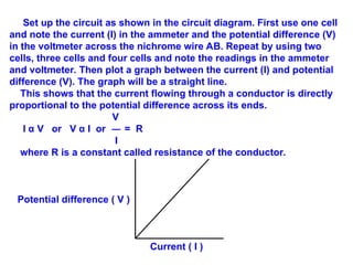 Set up the circuit as shown in the circuit diagram. First use one cell
and note the current (I) in the ammeter and the potential difference (V)
in the voltmeter across the nichrome wire AB. Repeat by using two
cells, three cells and four cells and note the readings in the ammeter
and voltmeter. Then plot a graph between the current (I) and potential
difference (V). The graph will be a straight line.
This shows that the current flowing through a conductor is directly
proportional to the potential difference across its ends.
V
I α V or V α I or = R
I
where R is a constant called resistance of the conductor.
Potential difference ( V )
Current ( I )
 