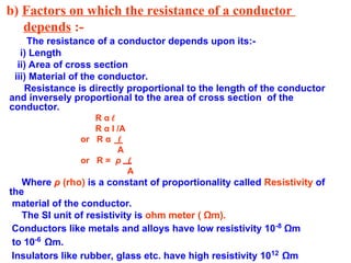 b) Factors on which the resistance of a conductor
depends :-
The resistance of a conductor depends upon its:-
i) Length
ii) Area of cross section
iii) Material of the conductor.
Resistance is directly proportional to the length of the conductor
and inversely proportional to the area of cross section of the
conductor.
R α l
R α I /A
or R α l
A
or R = ρ l
A
Where ρ (rho) is a constant of proportionality called Resistivity of
the
material of the conductor.
The SI unit of resistivity is ohm meter ( Ωm).
Conductors like metals and alloys have low resistivity 10-8
Ωm
to 10-6
Ωm.
Insulators like rubber, glass etc. have high resistivity 1012
Ωm
 
